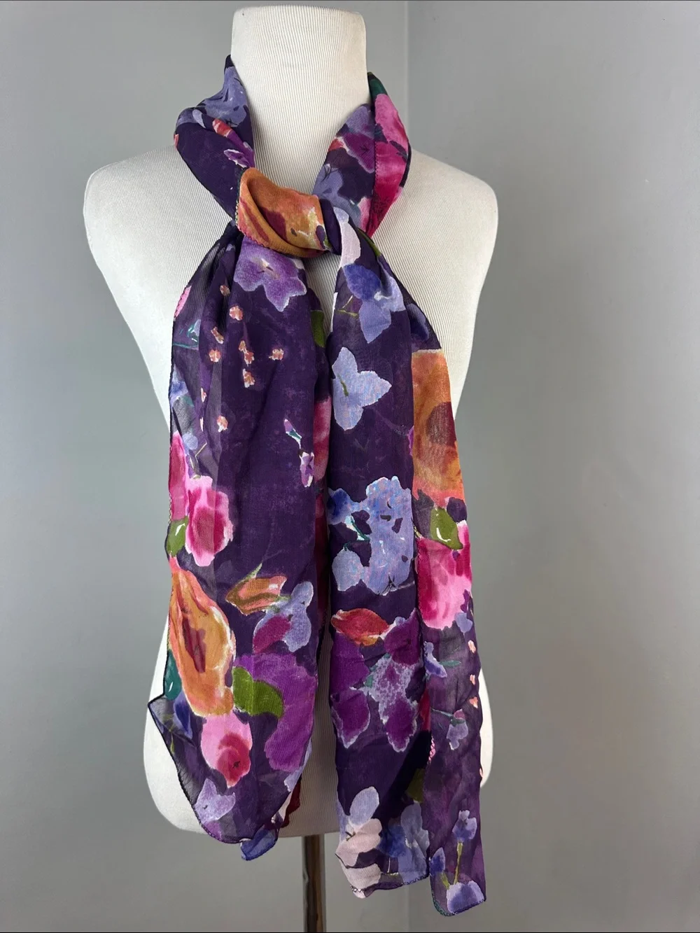NWT Chicos Vintage Deadstock Sheer Purple Floral Saskian Scarf